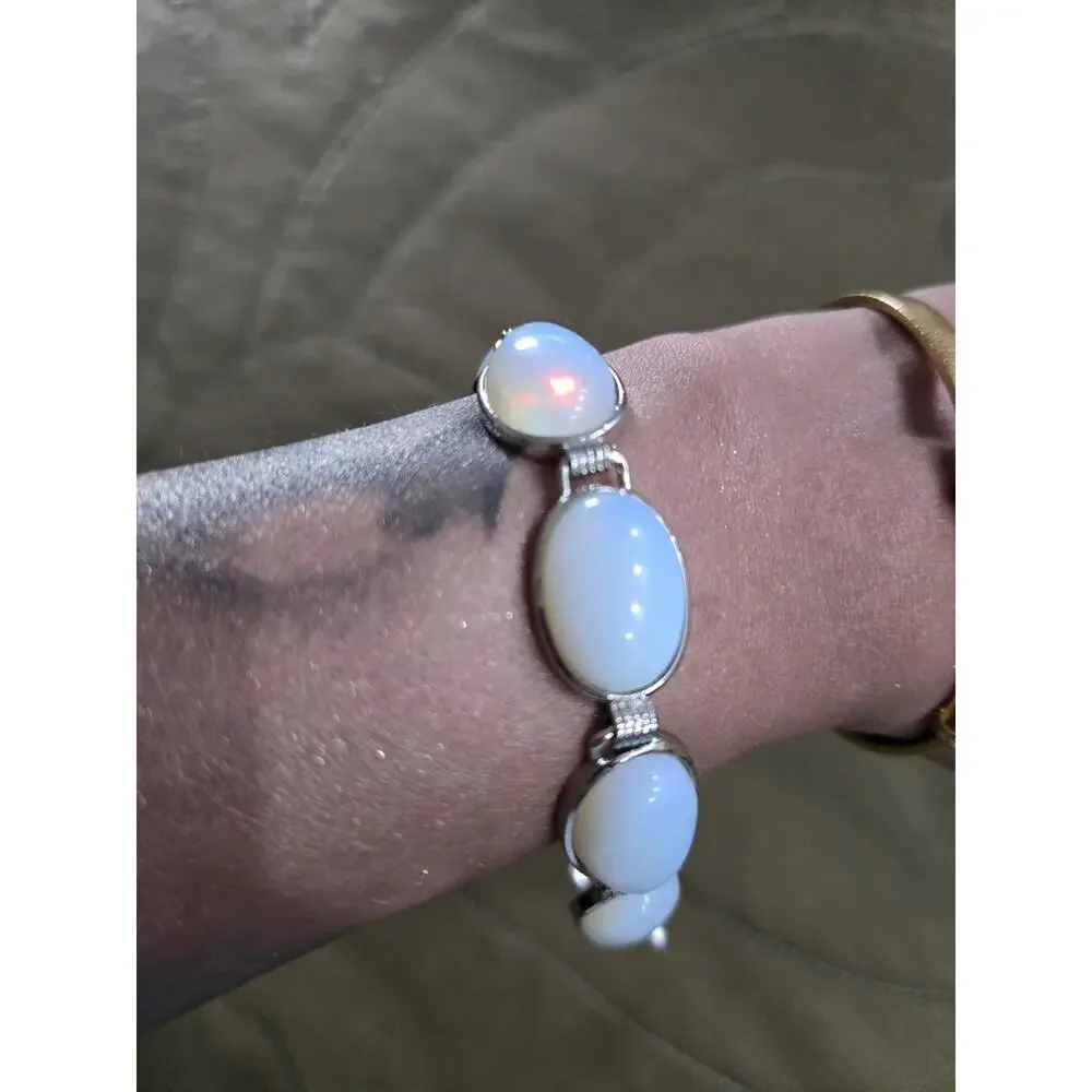 Lot 5 Boho gemstone Costume Stone beaded Bracelets Silvertone adjustable